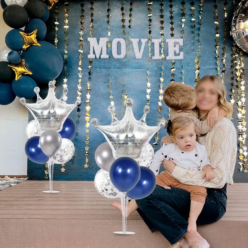 Table Centerpiece Balloons Stand Kit Include Blue Silver Latex Confetti Balloons and Foil Crown Balloon for Birthday Baby Shower Graduation Anniversary Table Party Decorations