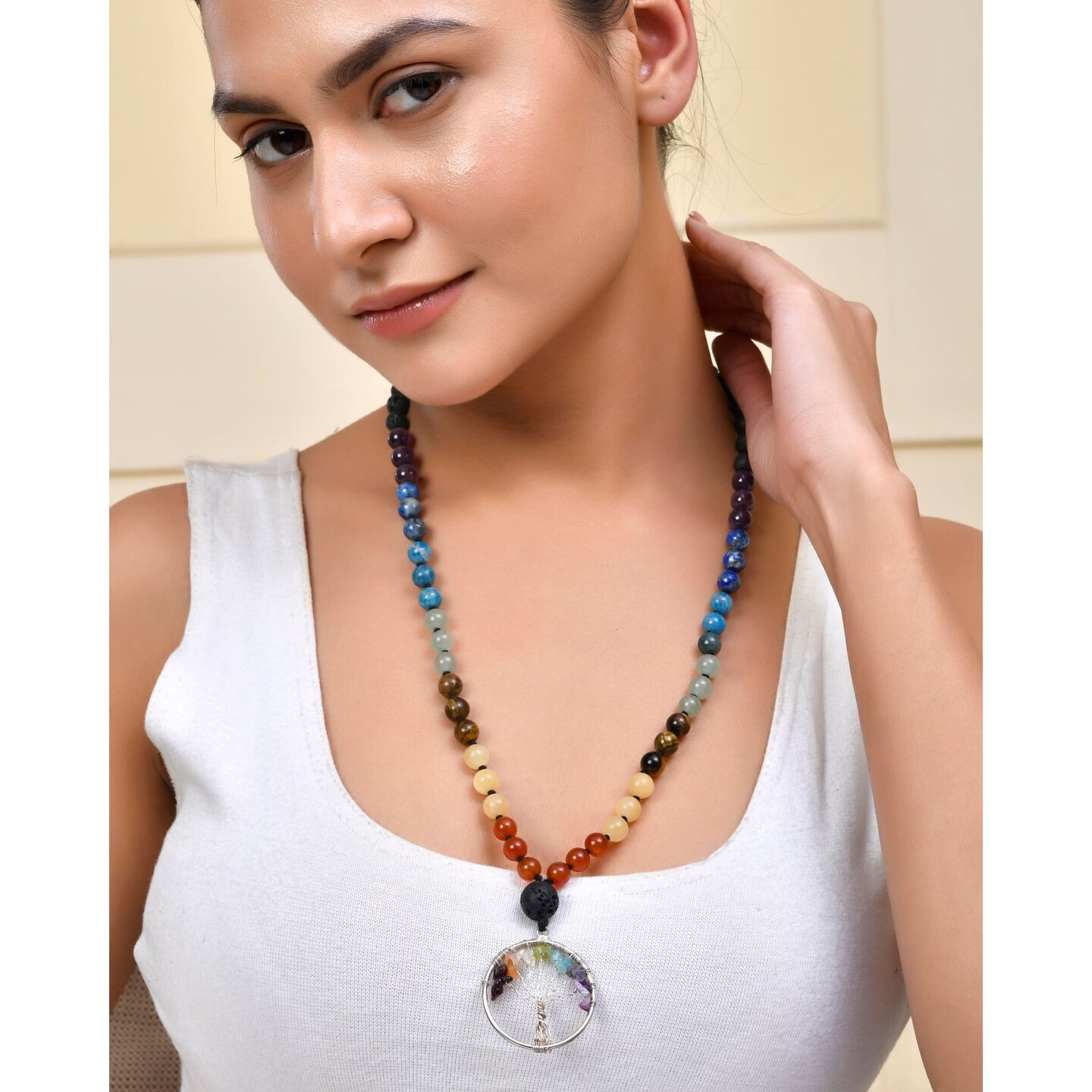 108 Mala Beads Necklace 7 Chakra Tree of Life Lava Rock Stone Natural Healing Crystal Gemstones Yoga Meditation Japa Mala Beaded Life Tree Pendant Hand Knotted Prayer Beads Rosary Jewelry