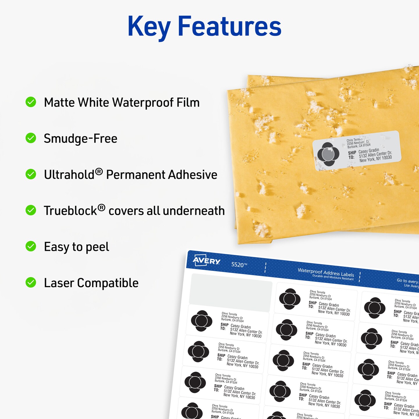 Avery Durable Waterproof Address Labels with Sure Feed Technology, 1" x 2-5/8", White, Laser & Pigment-Inkjet Compatible, 1,500 Blank Labels Total (5520)