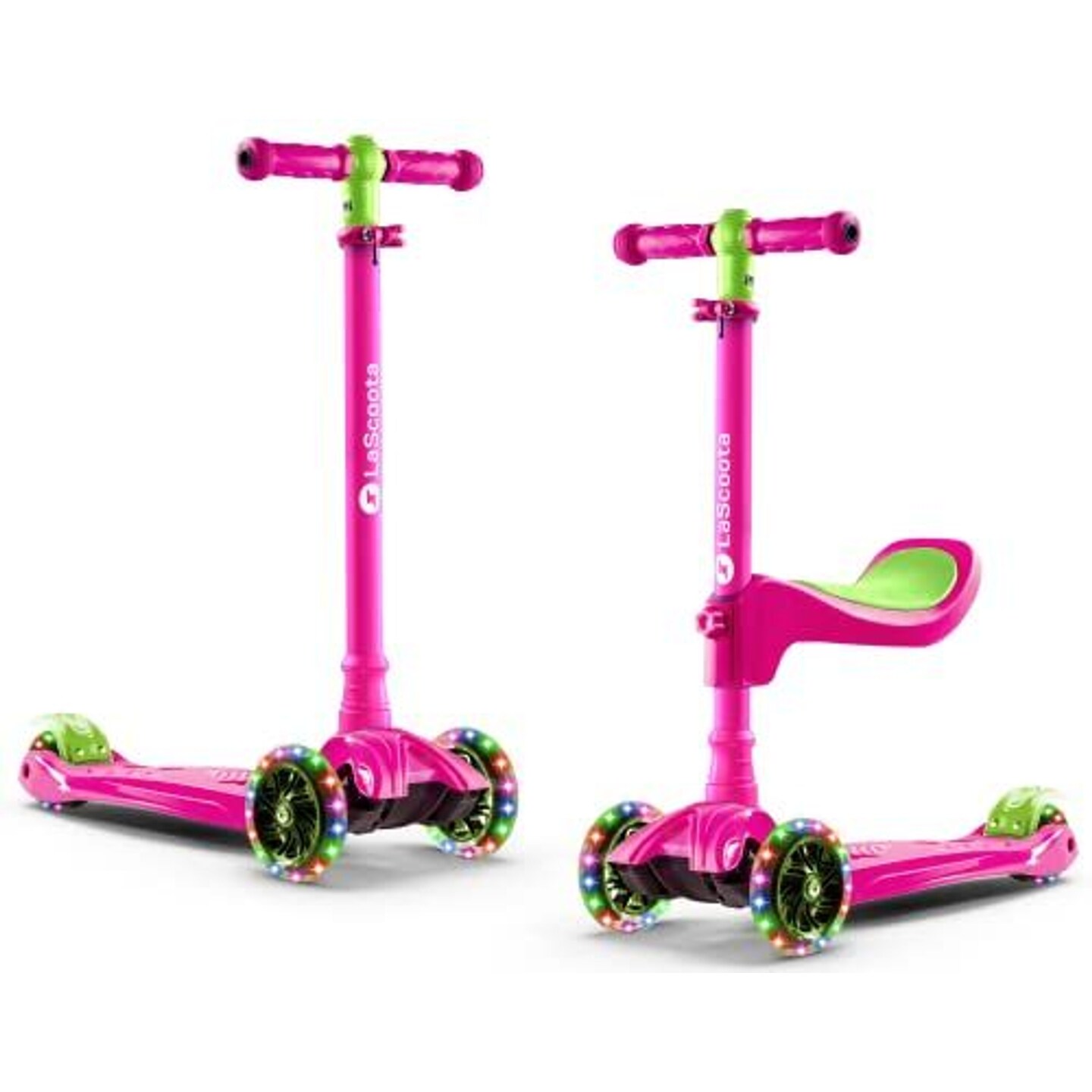LaScoota 2-in-1 Kids Kick Scooter, Adjustable Height Handlebars and Removable Seat, 3 LED Lighted Wheels and Anti-Slip Deck, for Boys &#x26; Girls Aged 3-14 and up to 100 lbs, Fun Scooter with Seat