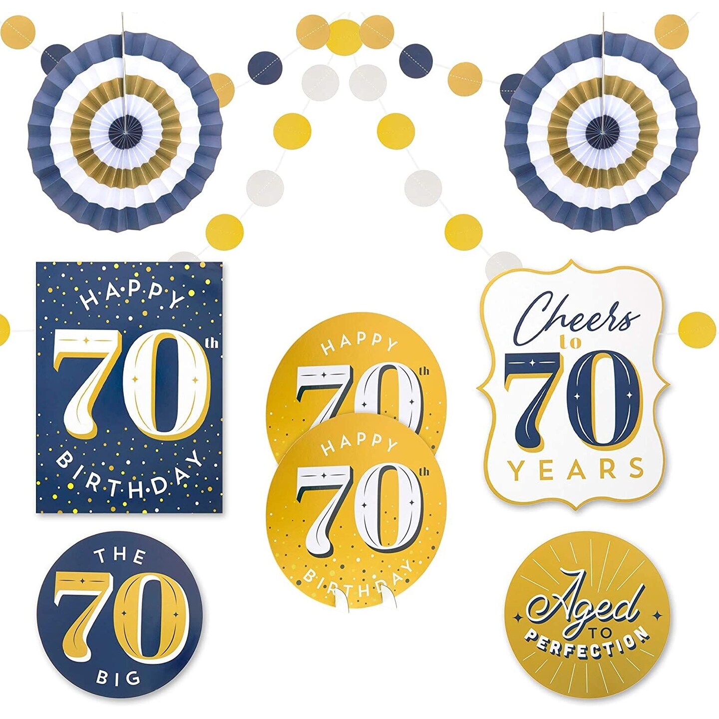 70th Birthday Party Supplies, Includes Table Centerpieces, Wall Sign, Ceiling Decorations and Confetti String (12 Pieces)