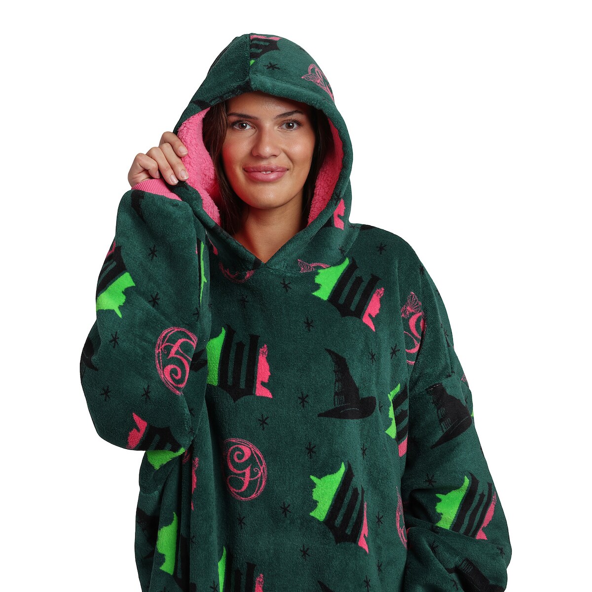 Wicked Part 1 Witch Hats & Glinda Seal All-Over Print Adult Green Long Sleeve Hooded Blanket