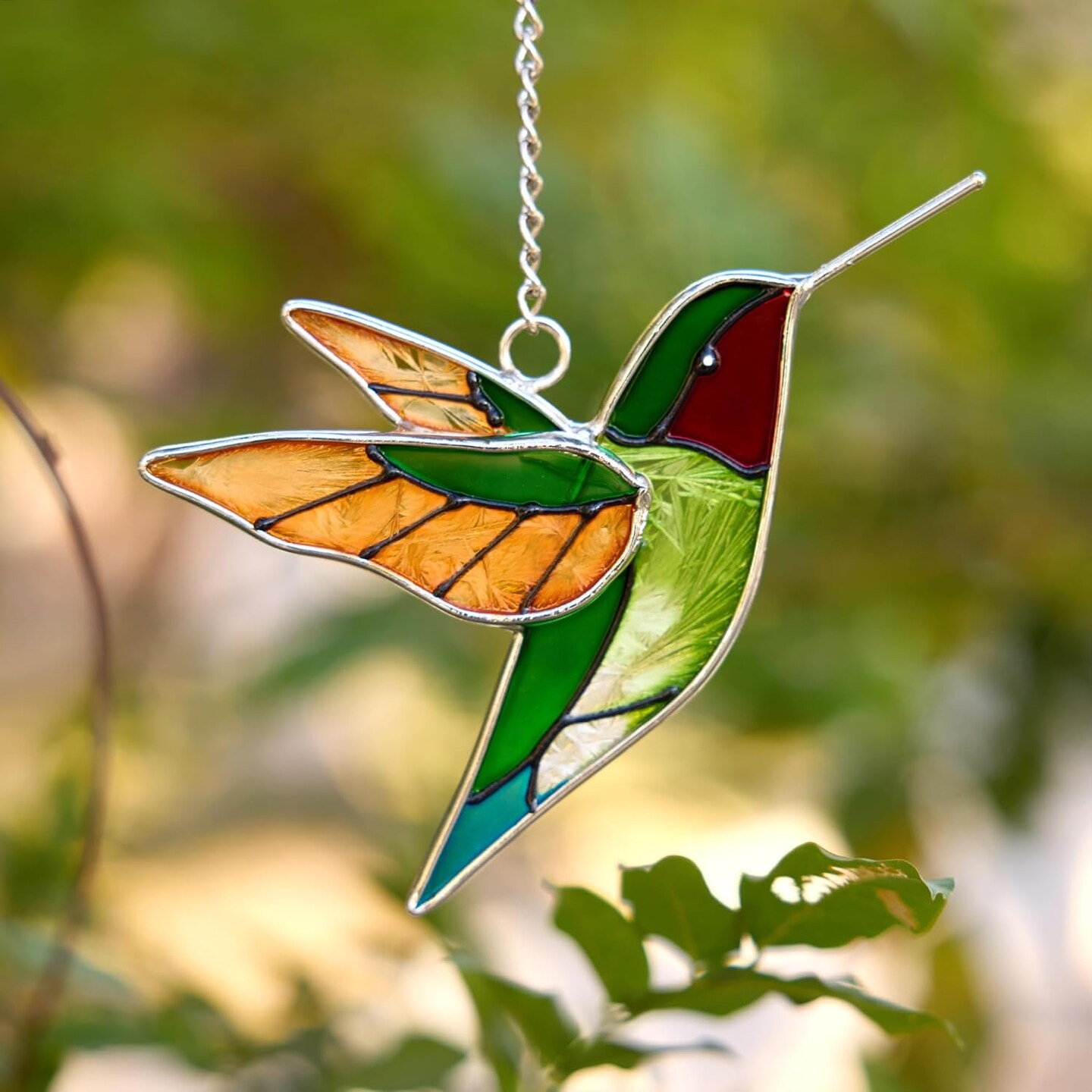 Handmade Stained Glass Hummingbird Hanging Ornament,Colorful 4.3x4.9 Inch