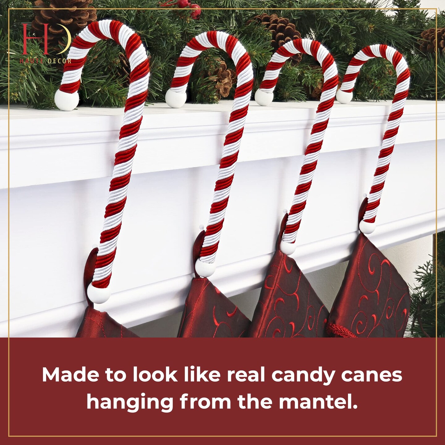 Haute Decor Candy Cane Stocking Holder (Large Classic 2-Pack) - Christmas Stocking Hanger for Various Mantel Styles