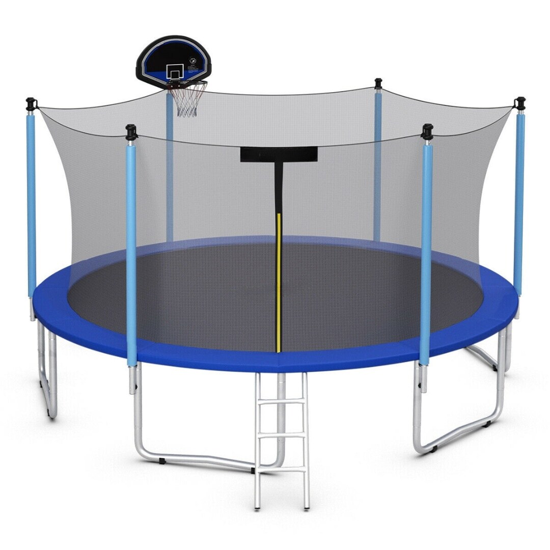 14 Feet Outdoor Trampoline with Safety Enclosure Net Basketball Hoop Ladder and Heavy-Duty Frame