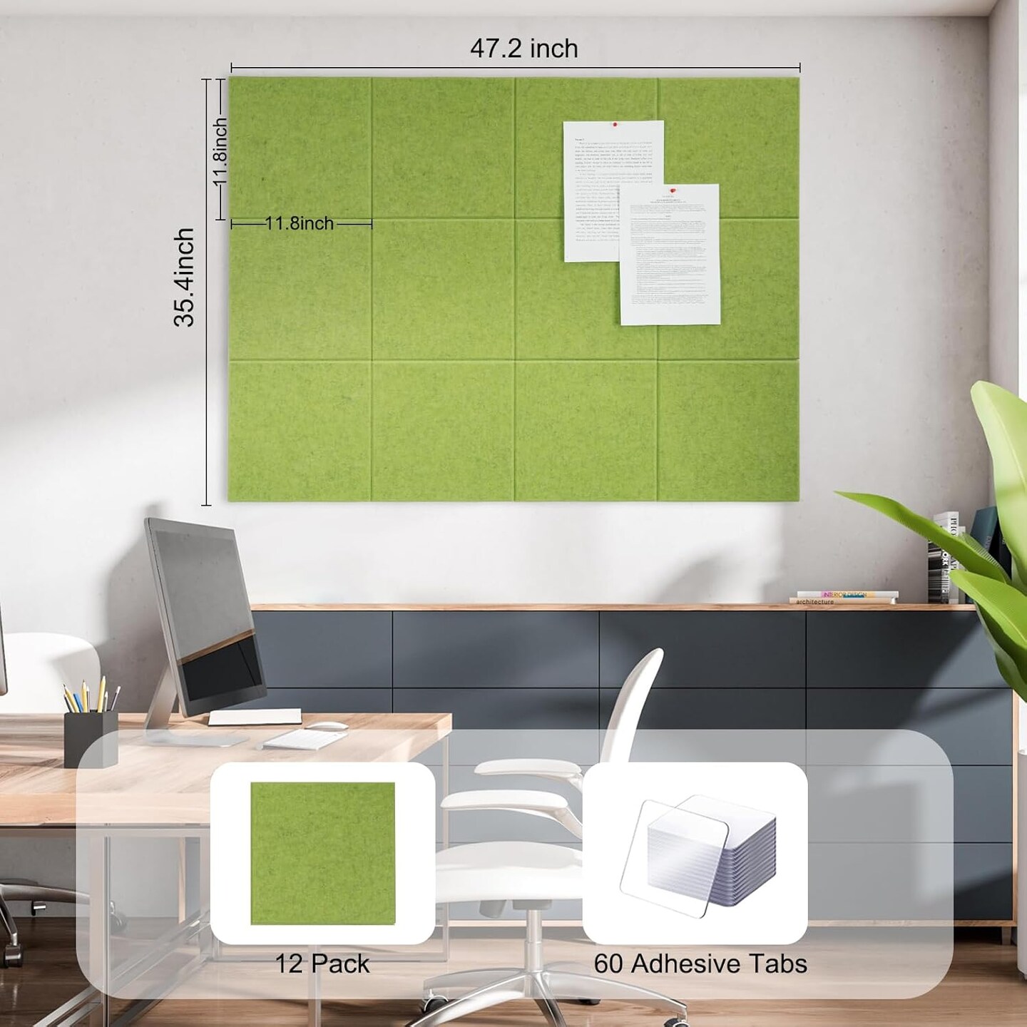 48"x36"-12 Pack Felt Wall Tiles with 35 Push Pins, Thicker 0.47in, Felt Bulletin Board (Matcha Green) 48" x 36" 12 Pack