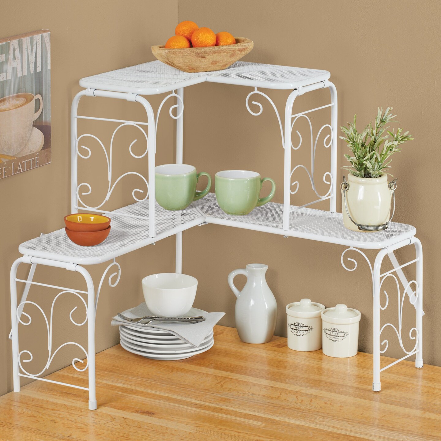 Collections Etc 2-Tier Corner Countertop Scrolling Metal Shelf