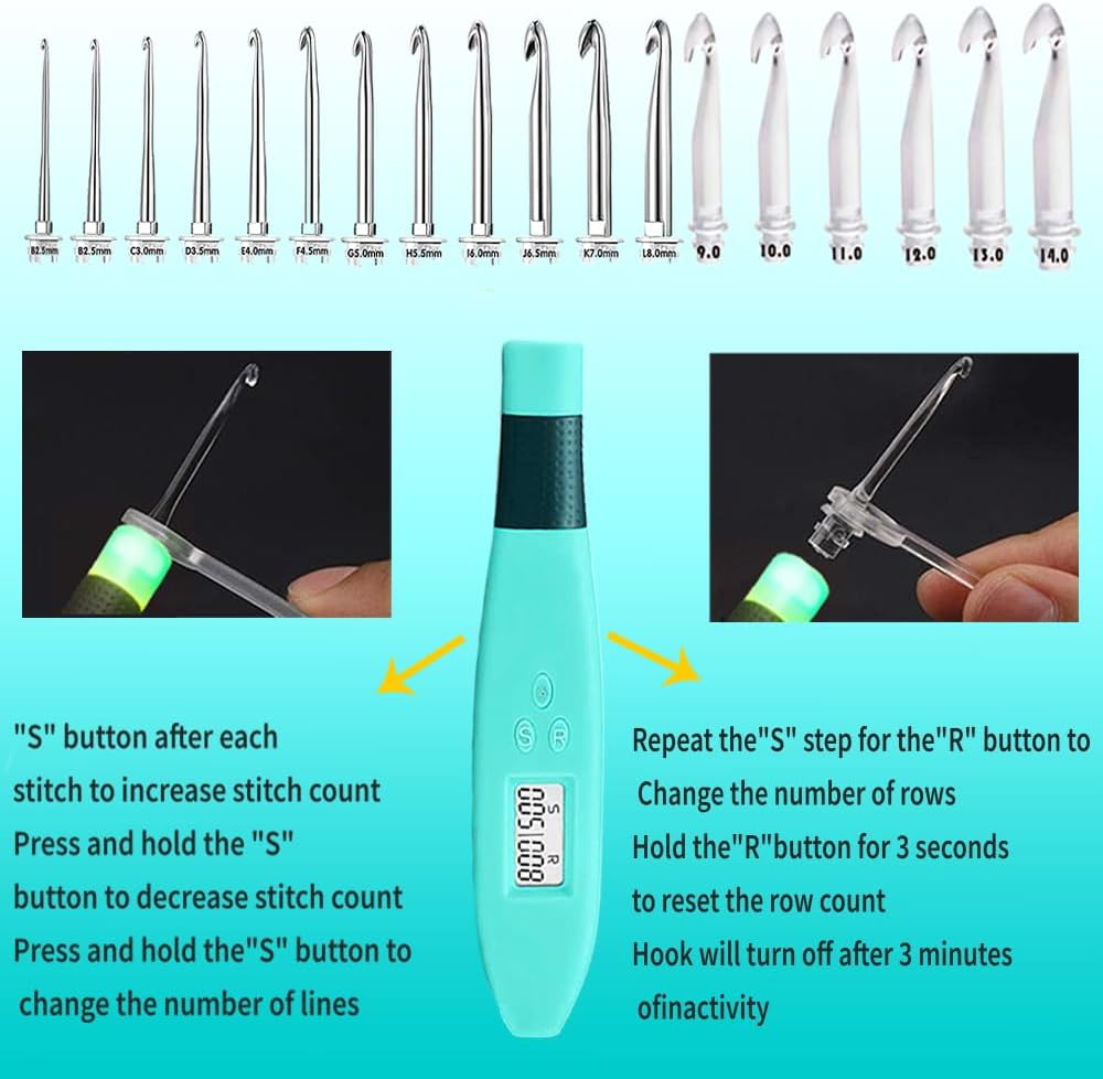 18 Size Counting Crochet Hooks with Light (Turquoise-18 Size with Light & Counter)