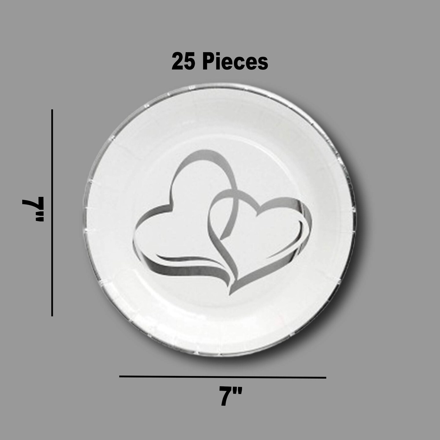 25 Count Silver Foil Two Hearts Paper Dessert Plates Perfect for Weddings and Bridal Showers