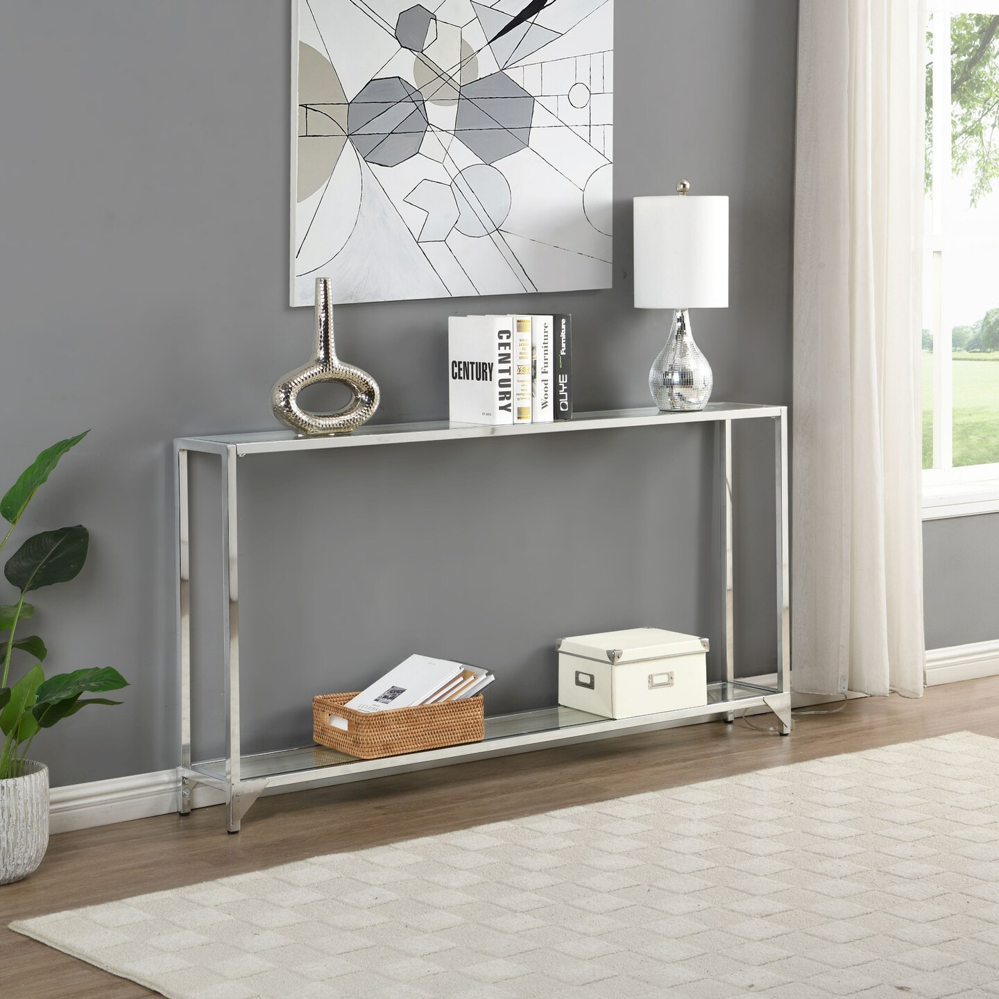 Contemporary Home Living Tempered Glass Console Table - 56&#x22; - Clear and Chrome Finish