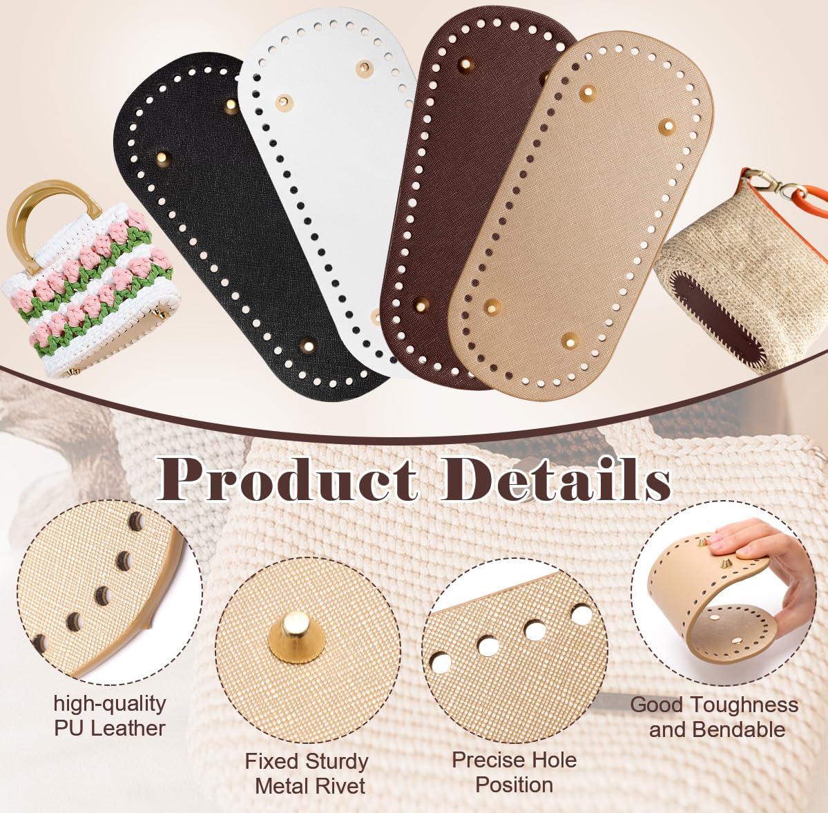 4 PCS Bag Bases for Crochet with 2 PCS Crochet Hook (Black, Dark Brown, White, Gold) 8.4 x 4 x 0.2 inches