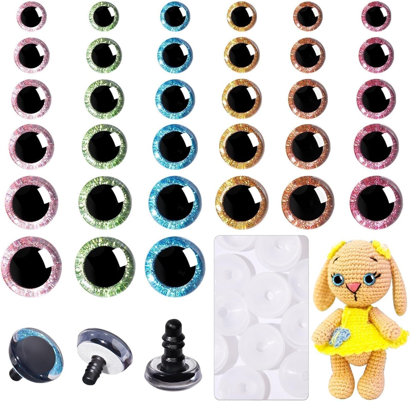 180 Pcs 3D Glitter Safety Eyes for Amigurumi with Washers 12-30mm Trapezoid Safety Eyes for Crochet Animals Doll