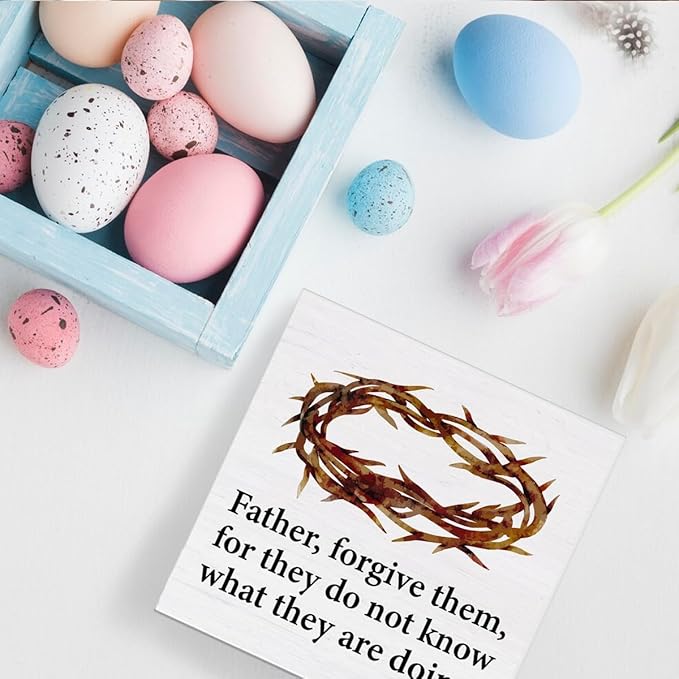 Christian Easter Decor Rustic Religious Wooden Sign Farmhouse Easter Desk Decorations Home Living Room Shelf Decor 5 x 5 Inches