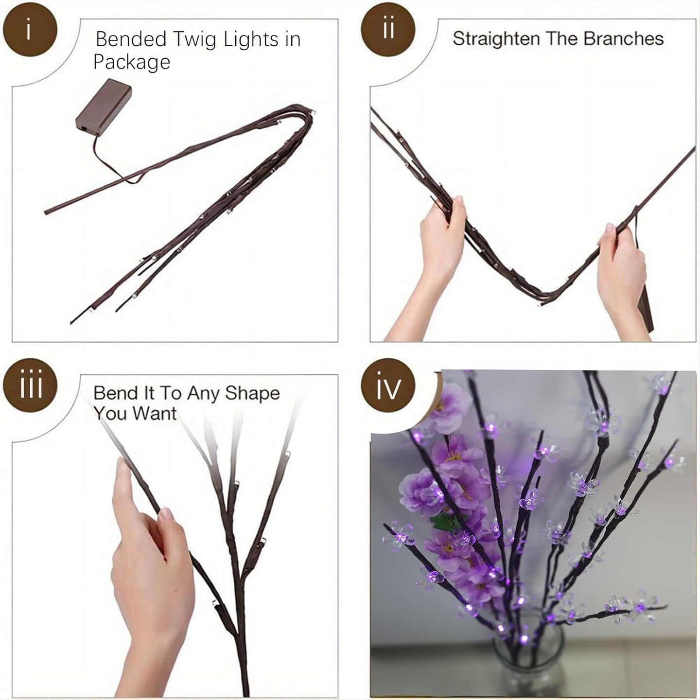 Battery Operated Branch Lights, 3 Pack 27.6&#x201D; 60 LED Lighted Decorative Artificial Cherry Blossom Twig Flower Lights for Vase Filler Decor Christmas Easter Room Indoor Lighting (Purple)