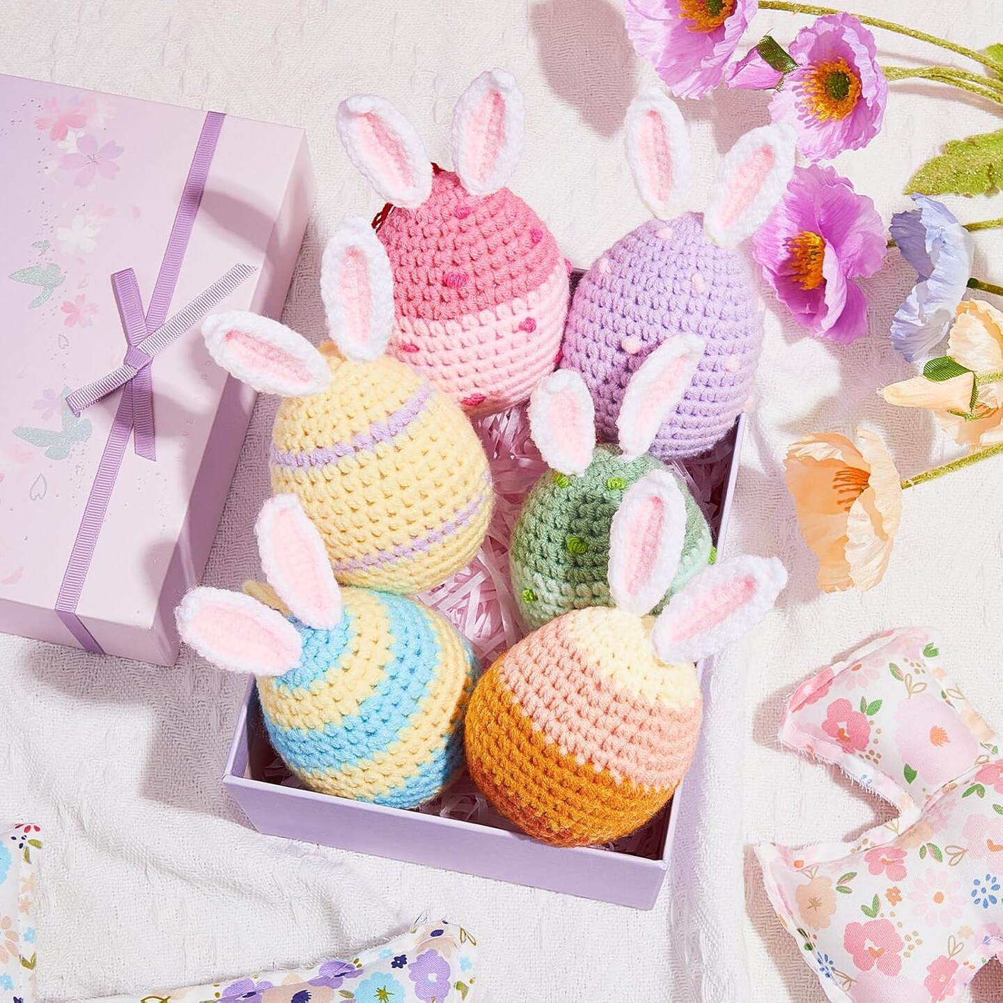 6 Pcs Decorative Easter Eggs Knitted Easter Eggs Ornaments Handmade Crochet Bunny Ear Egg for Easter Basket Fillers