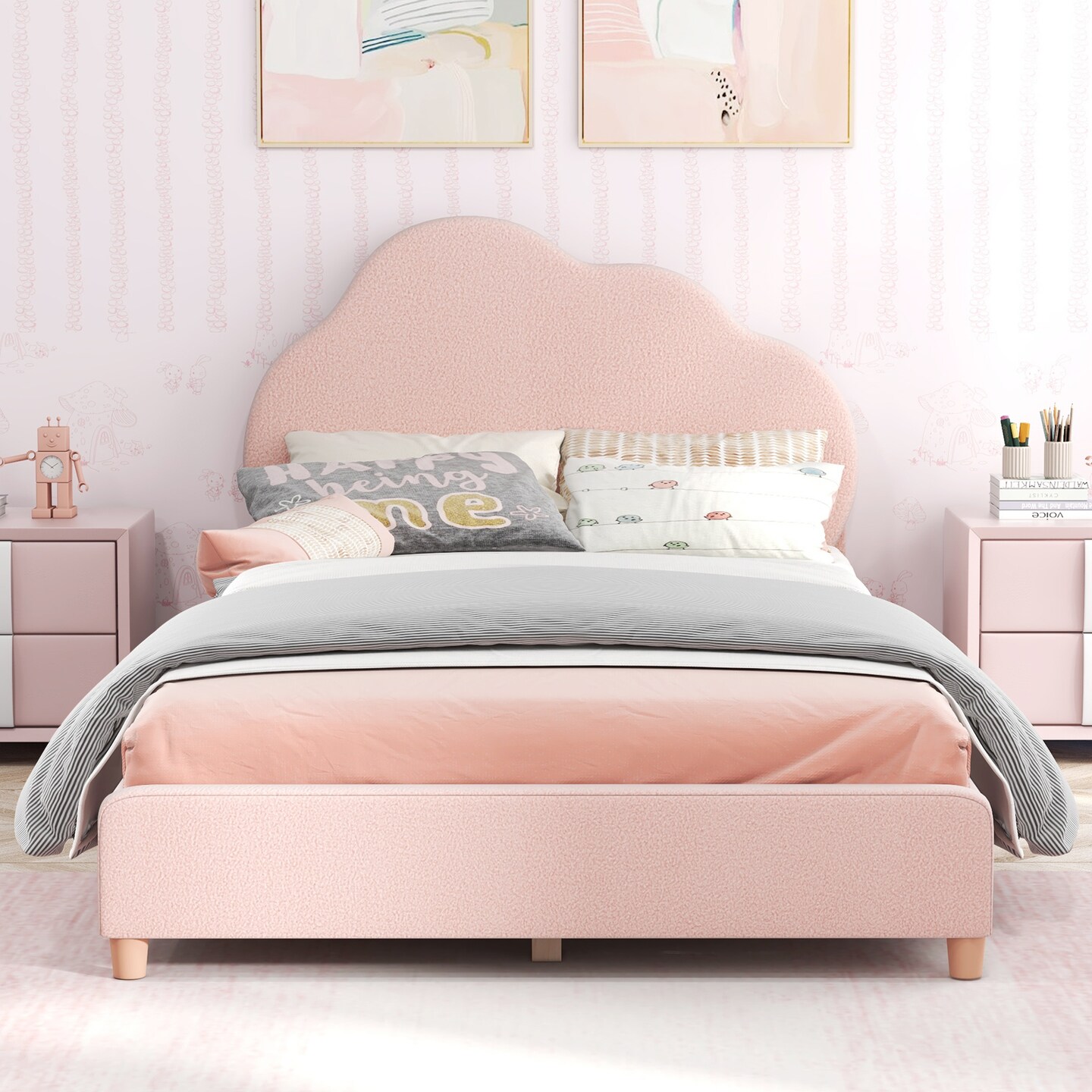 Velvet Kids Twin Bed with Adjustable Headboard Sturdy Wooden Frame and Soft Upholstery