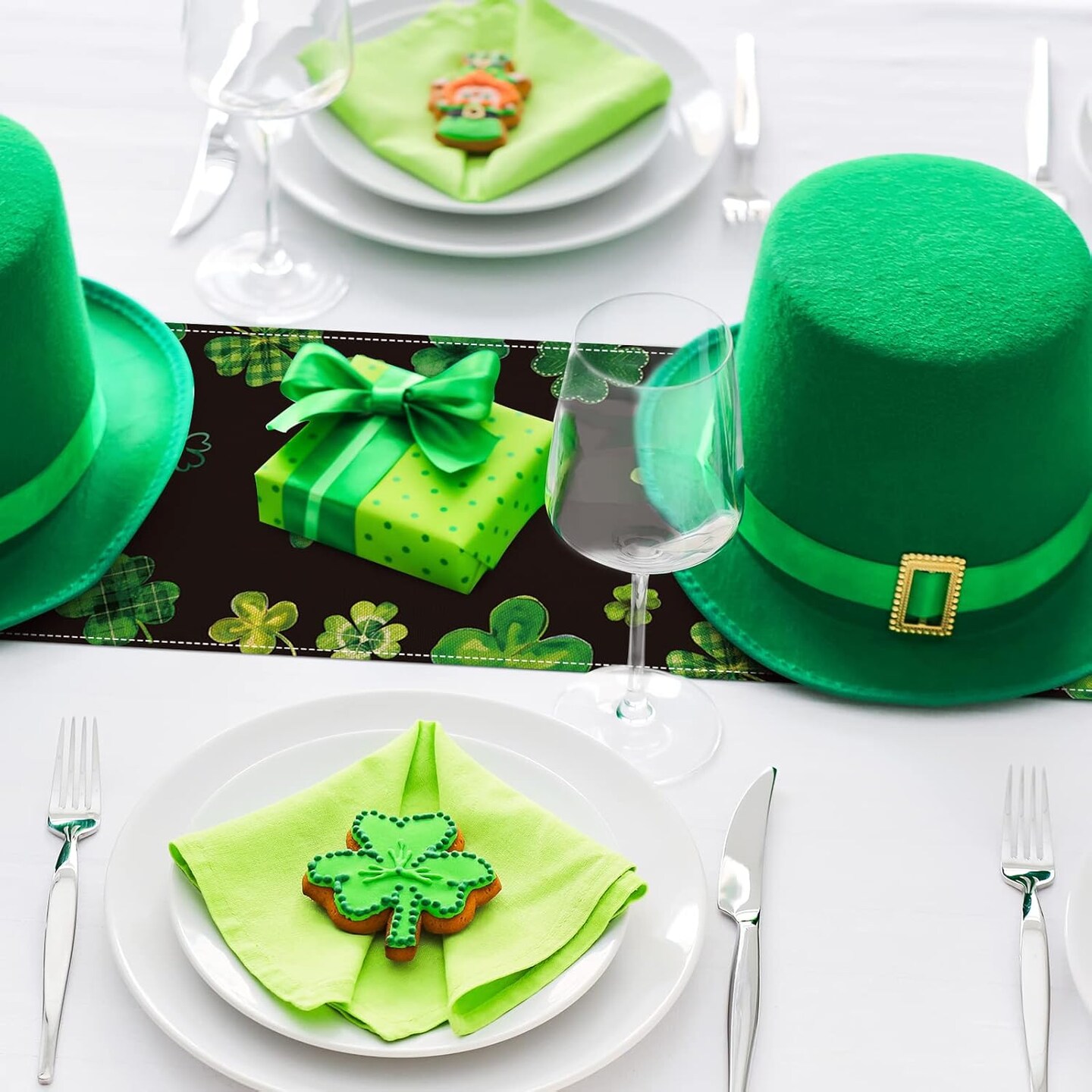St. Patrick&#x27;s Day Table Runner 13 x 72 Rectangle Green Black Shamrock Table Cover Watercolor Lucky Clover