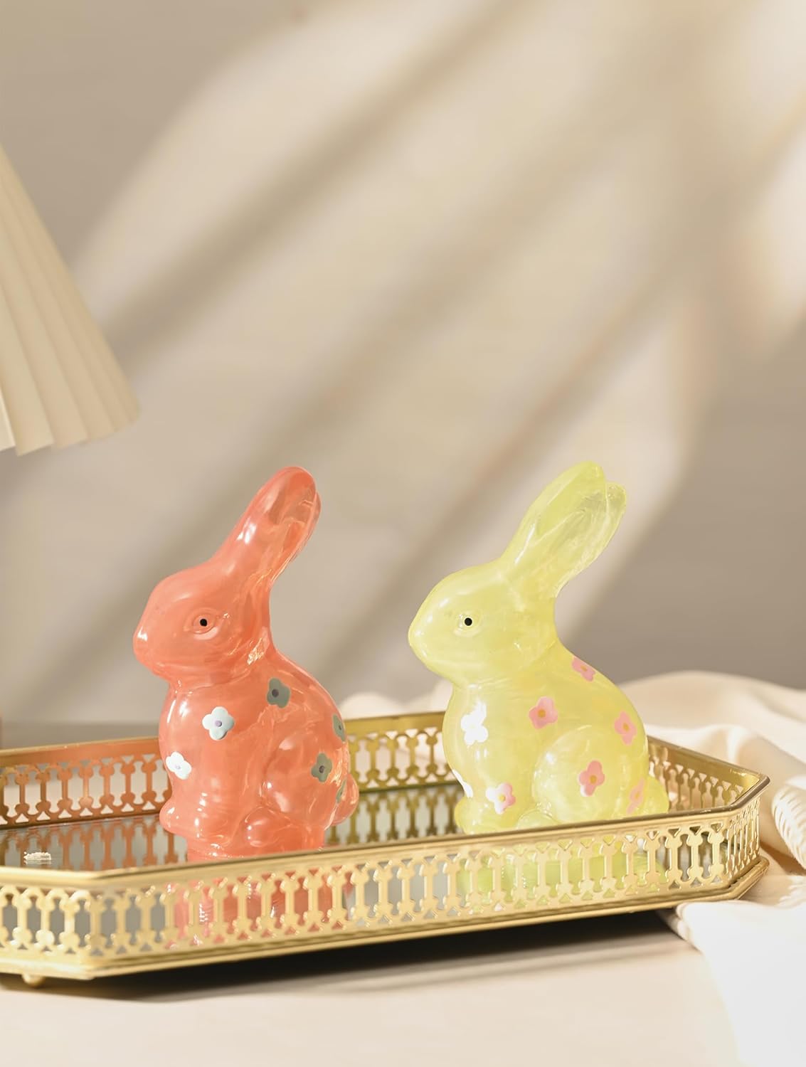 Easter Bunny Decorations Set of 2, Pink and Yellow Glass Rabbit Figurines with Delightful Flower for Spring Tabletop Decor, Indoor Home Decor