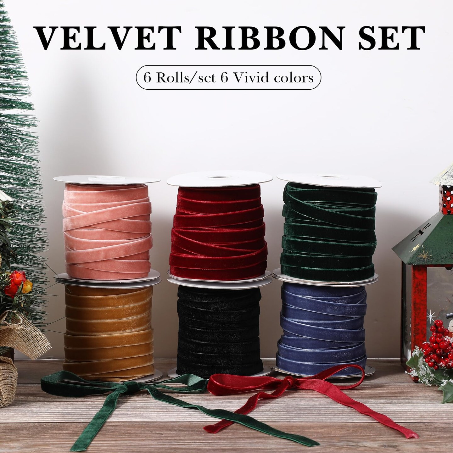 6 Rolls Velvet Ribbon 3/8 Inch Wide Total 150 Yards Single Face Thin Velvet Ribbon for Wrapping Gift, Valentine&#x27;s Day Tree Garland Decoration Wreath Craft Bow Making