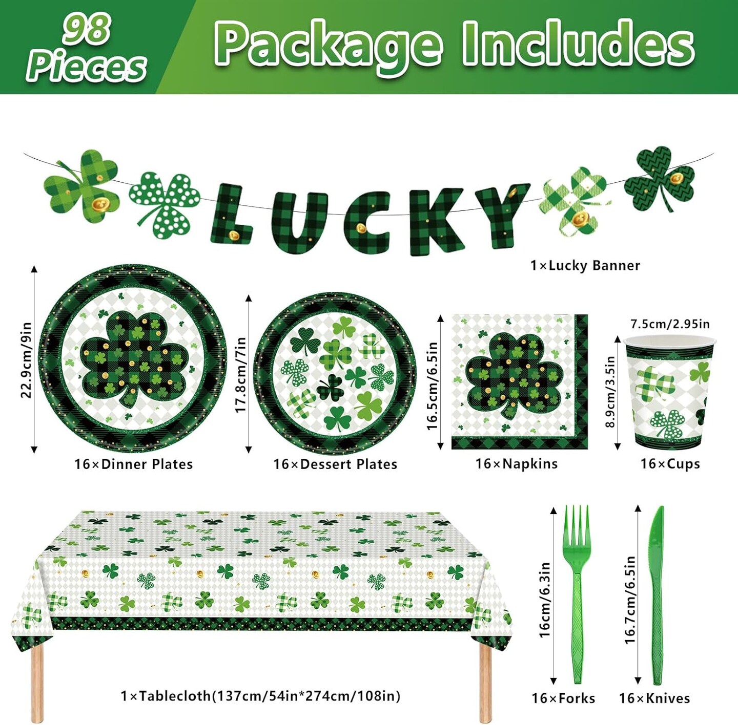 98PCS St Patrick&#x27;s Day Party Supplies Green Irish Shamrock Tableware Set Lucky Shamrock Birthday Party Supplies St Patrick&#x27;s Day Party Decorations Irish Shamrock Paper Plates and Napkins for 16 Guests
