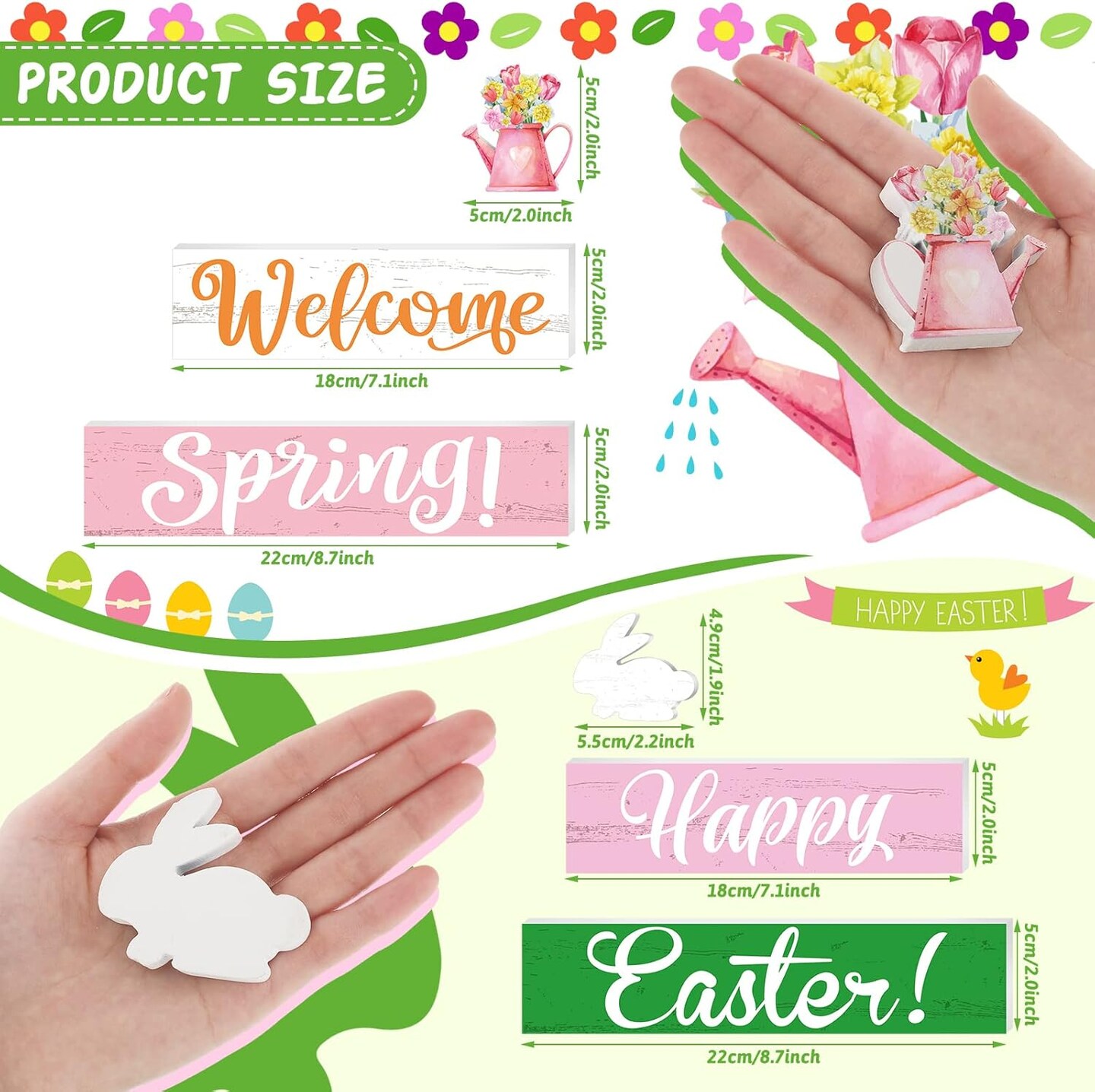 4 Pcs Spring and Easter Decorations Reversible Spring Wooden Signs Double Sided Rustic Welcome Spring Table Centerpieces Easter Tiered Tray Decor Bunny Wood Block for Home Tabletop Shelf Decor