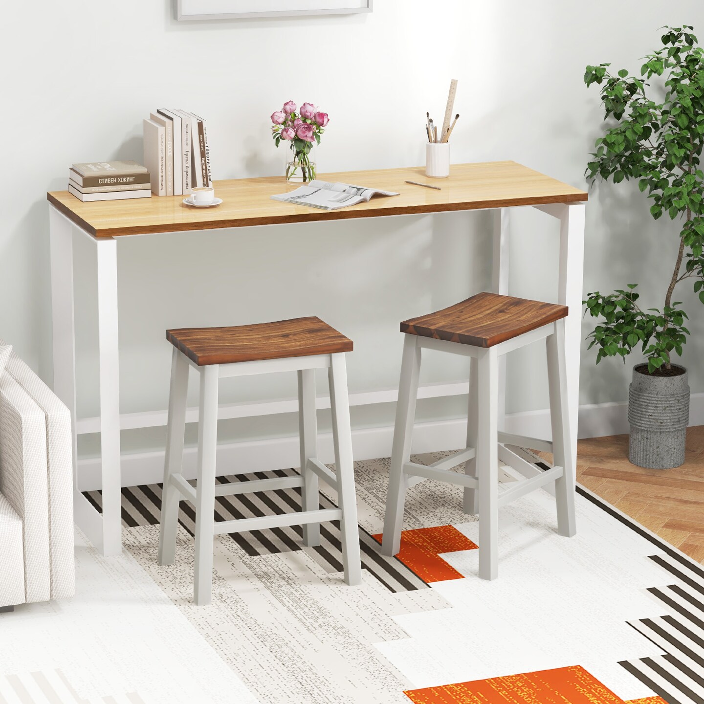Rubber Wood Acacia Wood Saddle Bar Stools - Set of 2