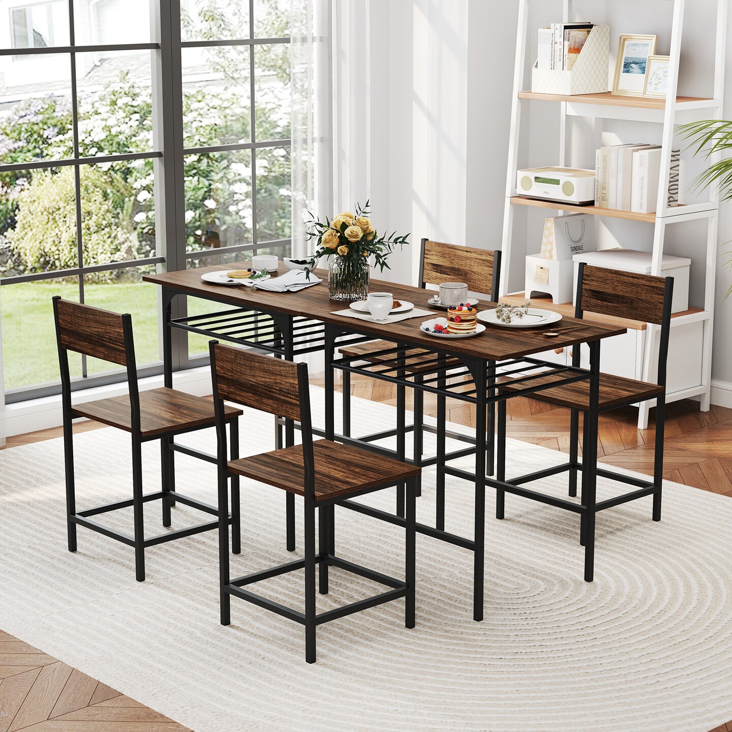 Black Metal Dining Table Set with Storage Rack and Sturdy Frame