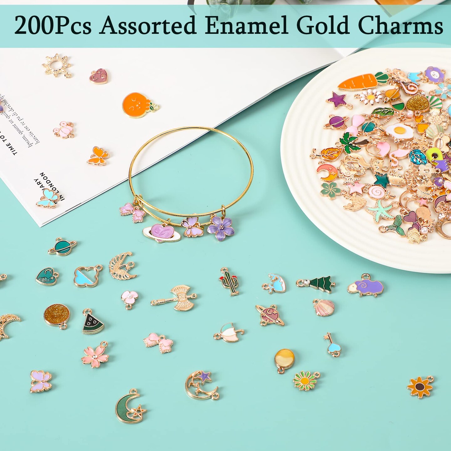 200Pcs Bracelet Charms for Jewelry Making Wholesale Bulk Jewelry Making Bracelets Charms Gold Plated Enamel Charms Pendants for Bracelet Necklace Jewelry Making