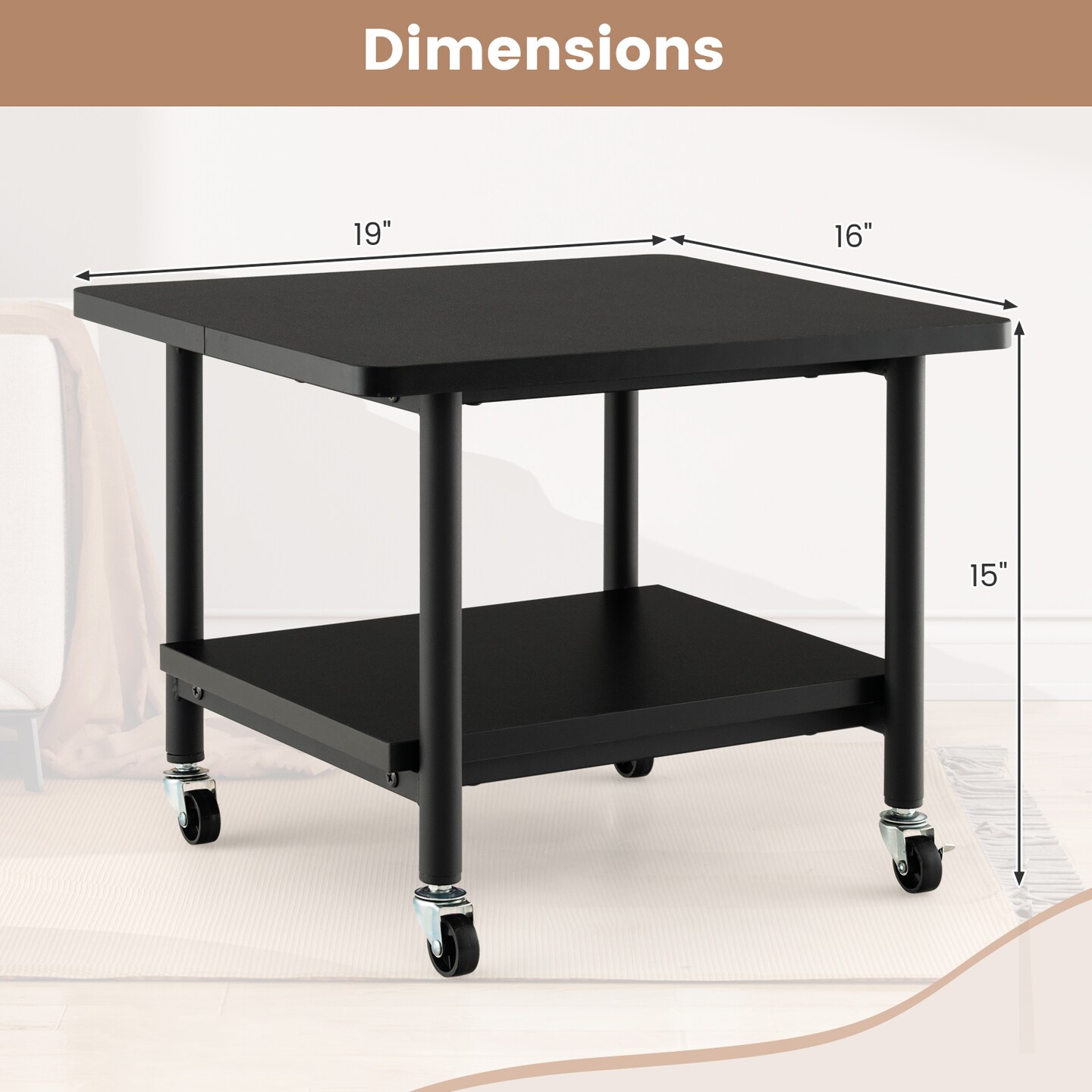 Printer Stand 2 Tier Under Desk Printer Table Rolling Cart with Storage Shelf Metal Frame Home Office