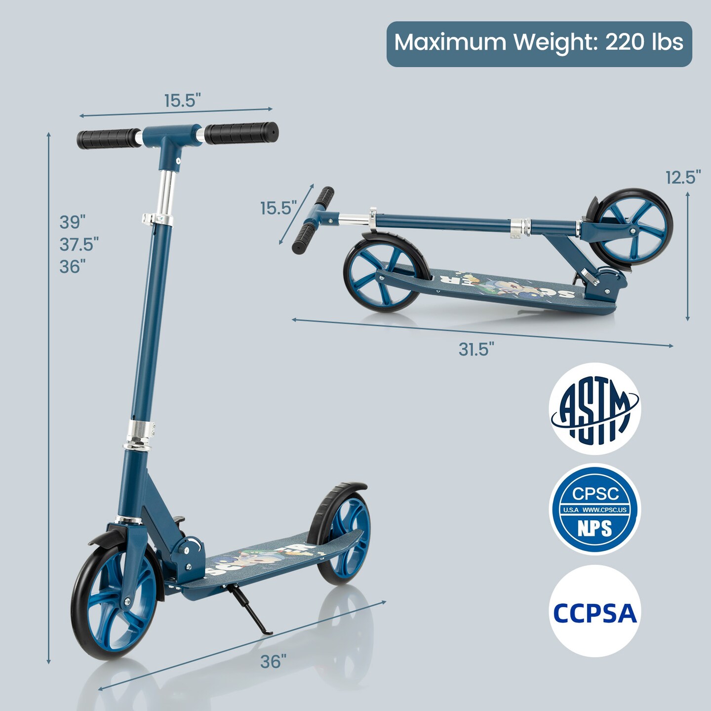 Silver Aluminum Alloy Folding Scooter with 3 Adjustable Heights for Kids & Adults