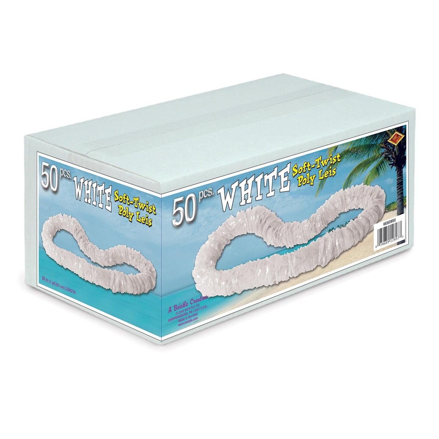 50 Pack Beistle Luau Party White Soft-Twist Poly Leis with Labeled Box