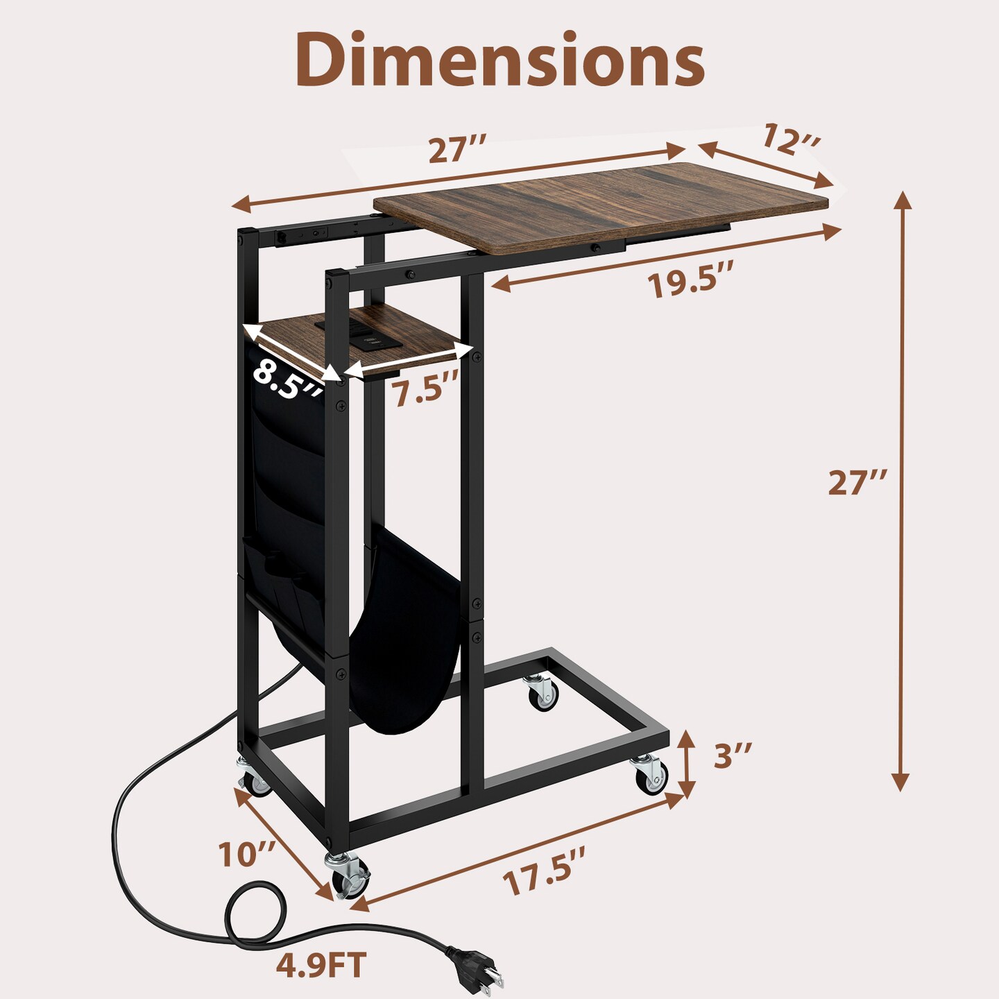 C-shaped End Table with Charging Station and Retractable Tabletop-Rustic Brown