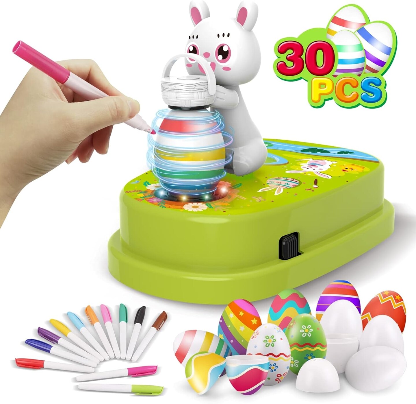 30 PCS Easter Eggs and 12 Dying Markers Easter Egg Coloring Kit Easter Egg Decorating Kit Spinner Easter Bunny Toy, Easter Gifts for Kids Easter Basket Stuffers