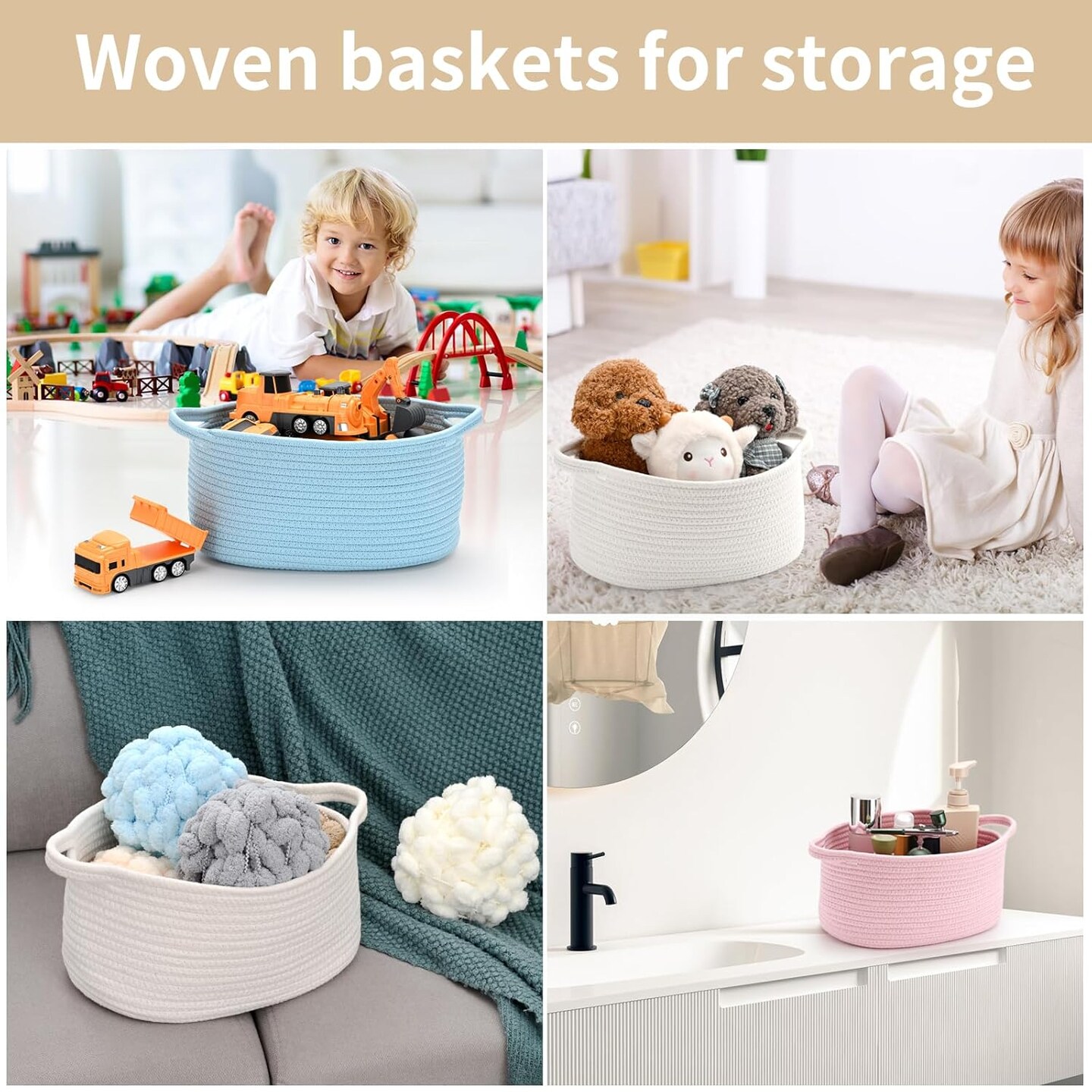 Cute Woven Storage Basket with Handle, Container for Gifts Empty, Decorative Organizer Bins Box for Pet Dog Toys Baby Essentials Snack Diaper Towel