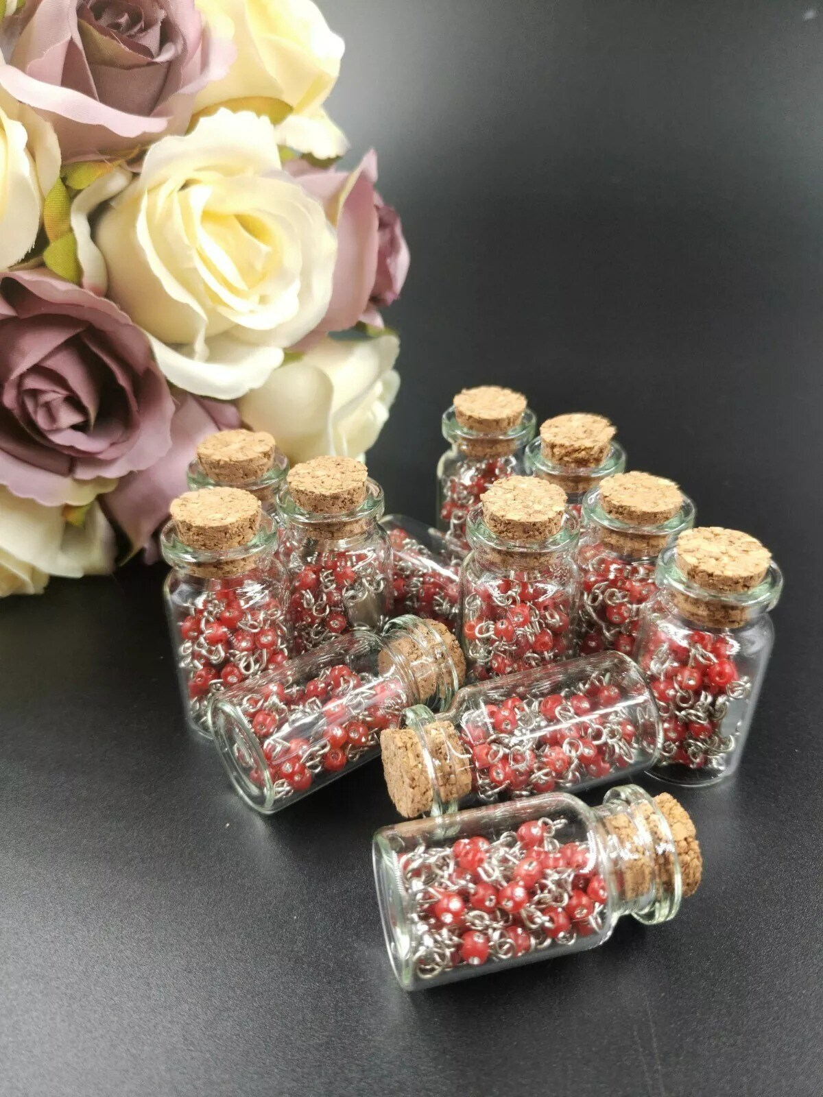 12 Rosary in Glass Bible Cross Red Beads CATHOLIC Mary Crucifix Necklace Bottle