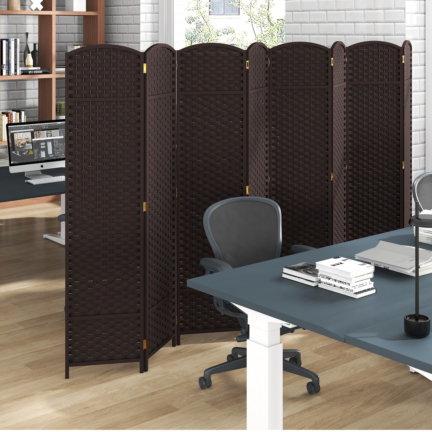 8-Panel Folding Room Divider with Hand-woven Texture and Wood Frame