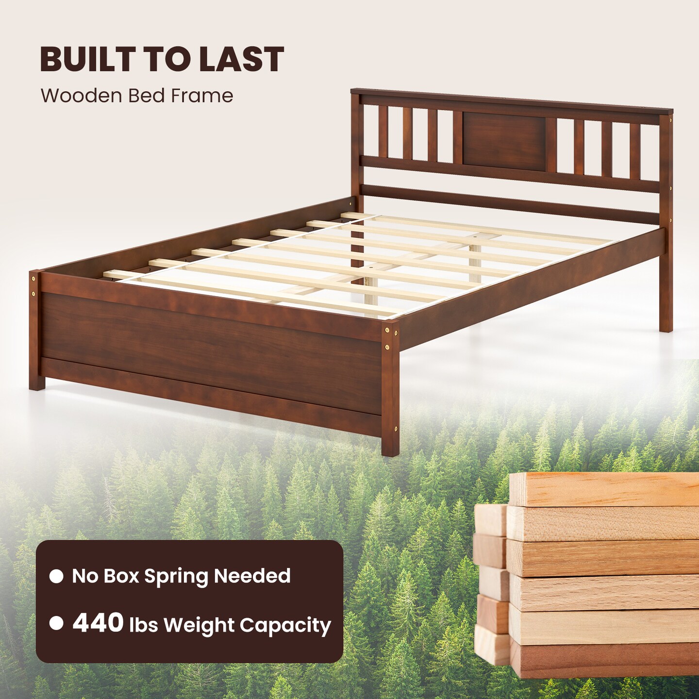 Wooden Platform Bed with Headboard and Slat Support