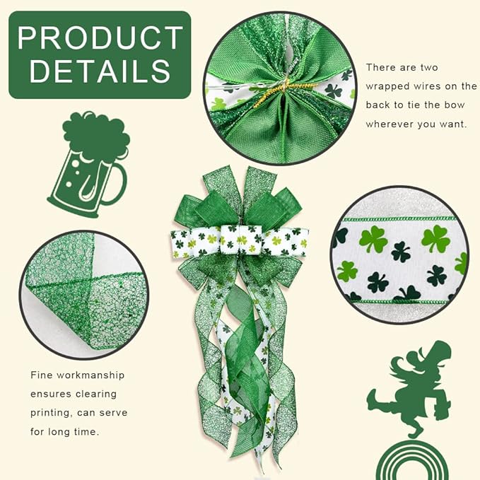 Large St. Patrick’s Day Wreath Bows – Green Shamrock Front Door & Outdoor Holiday Decor