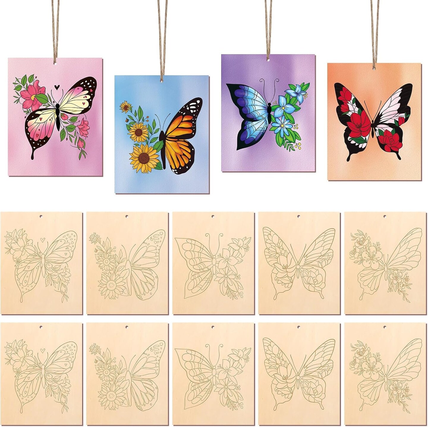 10 Pieces Large Spring Butterfly Unfinished Wood Crafts to Paint for Adults and Kids, Bulk Predrilled Wooden Ornaments for Painting, Butterflies Paintable Wood Slices Craft Supplies with Ropes 5.87 x 4.8 x 0.12 inches