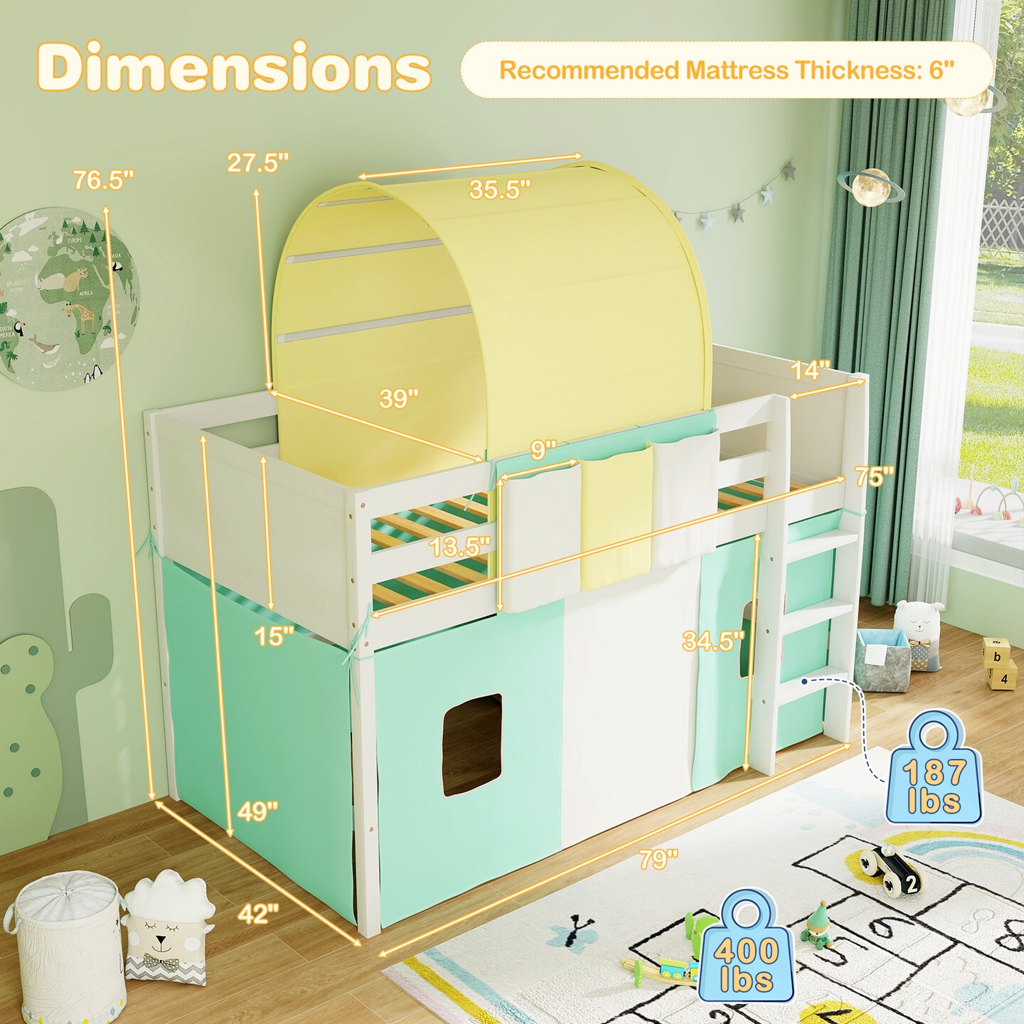 Twin Size Playhouse Loft Bed Frame with Tower Tent and 3 Storage Pockets for Kids