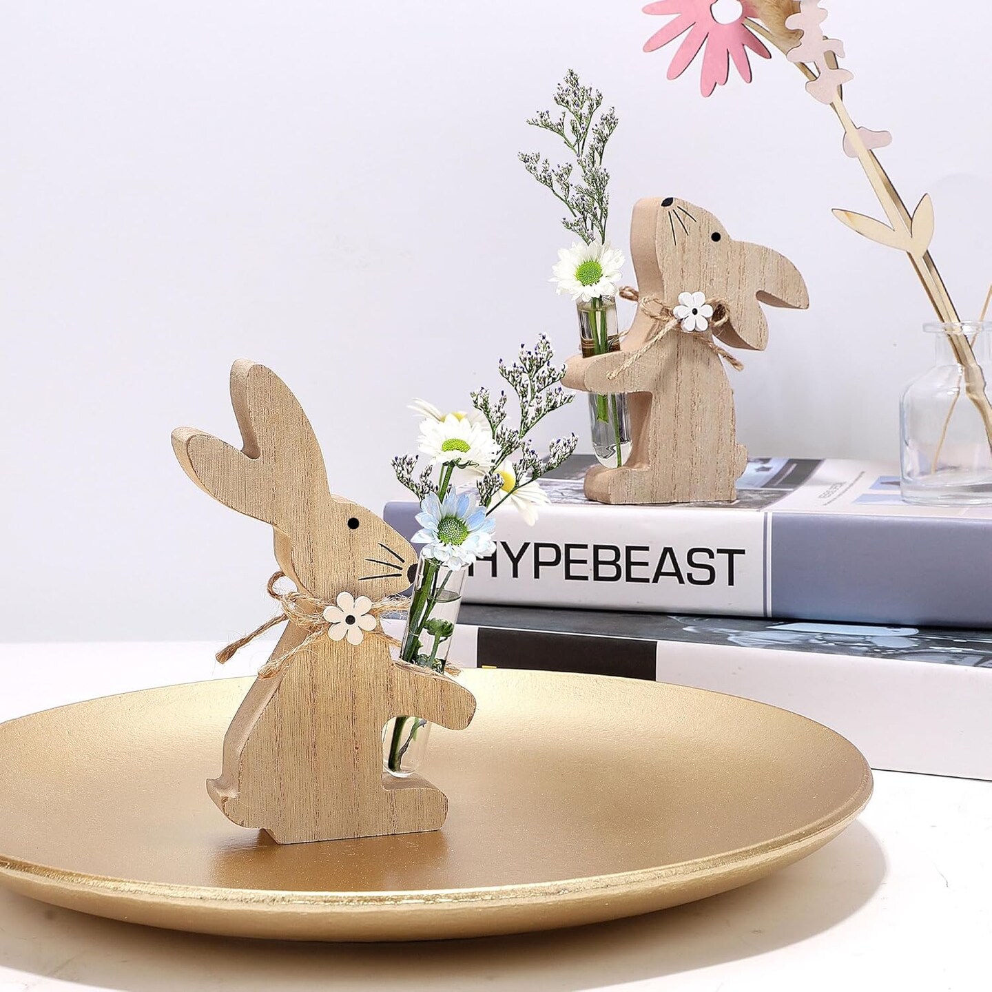 2 Packs Wooden Bunny Flower Vases, Easter Burlywood Rabbits Holding Glass Test Tube Vases for Spring Indoor Home Entrance Tabletop Ornaments Window Sill Decor Housewarming Gifts