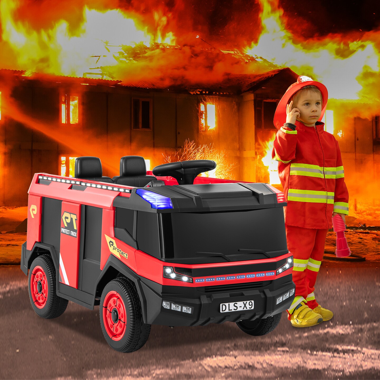 Red 12V Electric Kids Ride-On Fire Truck 2-Seater with Remote Control, Water Gun, and Siren-Red