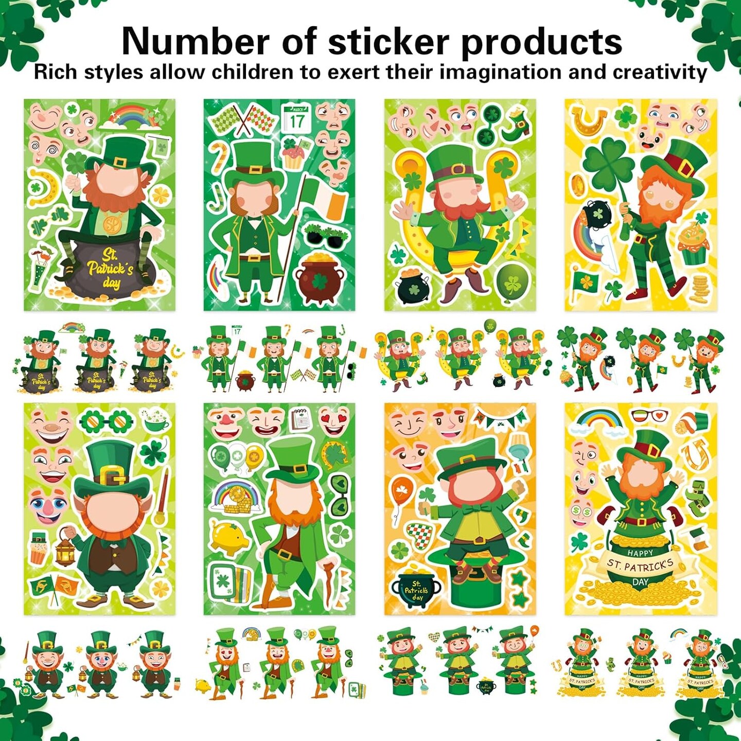 24 Sheets St. Patrick&#x27;s Day Stickers Make a Face Stickers Lucky Shamrock Stickers Irish Stickers