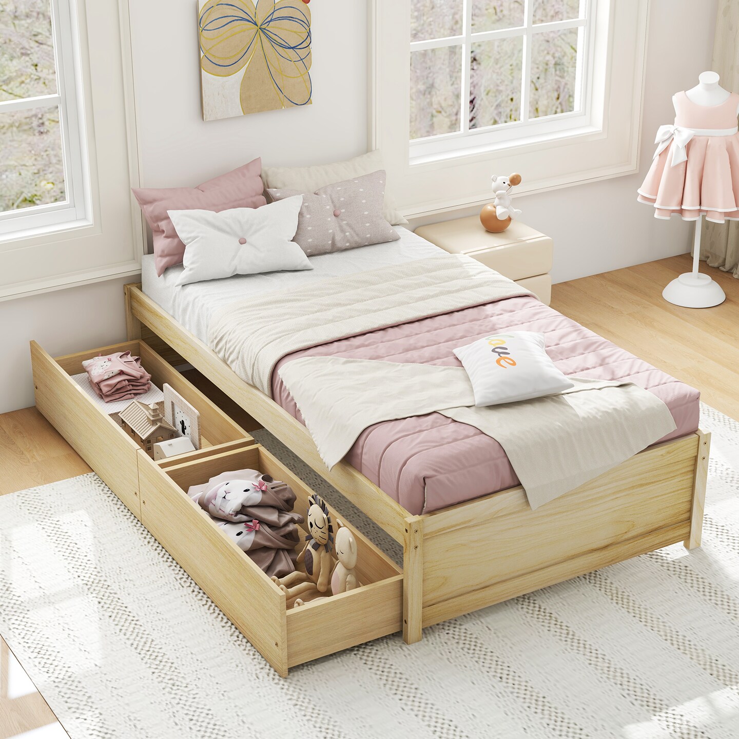 Wooden Twin Captain Bed with Storage Drawers and Daybed Function