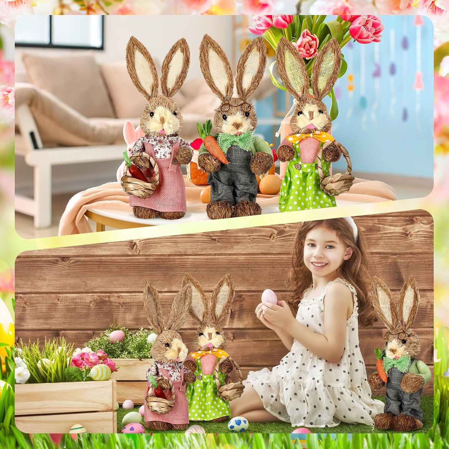 3 Pcs 13.8 Inches Easter Decorations Bunny Easter Straw Bunny Figurines Cute Rabbit Holding Carrot Straw