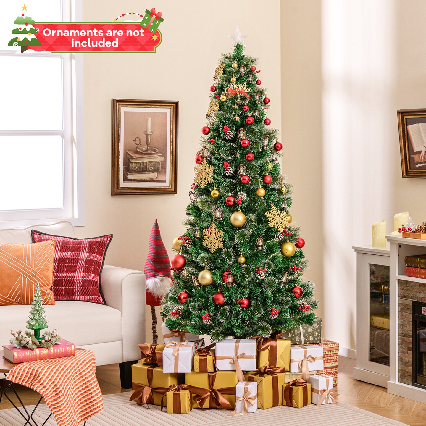 Artificial Christmas Tree with Red Berries and Kerosene Lamps