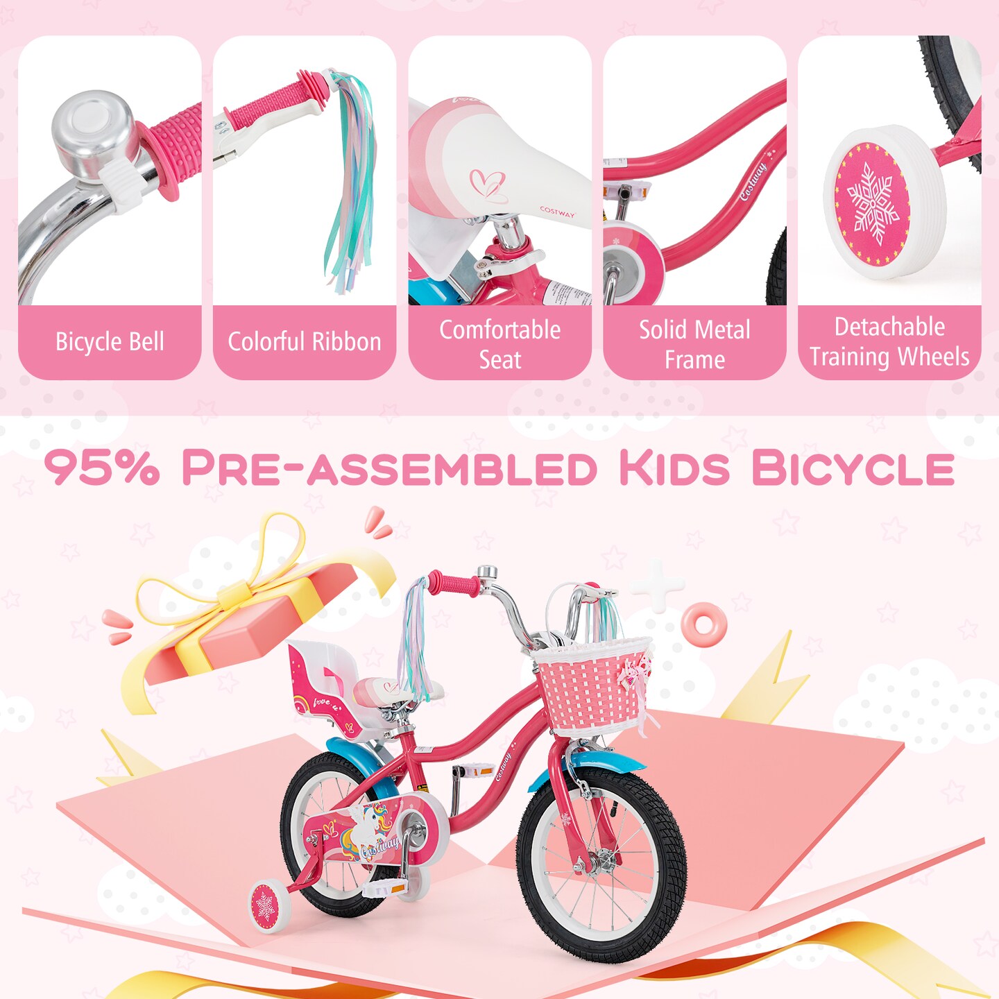 14 Inch Girls Bike with Doll Seat, Training Wheels for 3-5 Years Old Kids, Pink Steel Frame