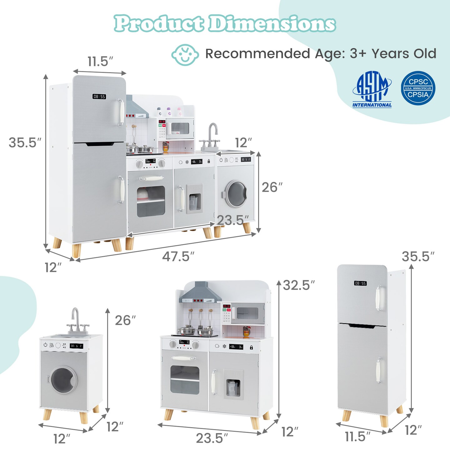 Kids Kitchen Playset 3-in-1 with Refrigerator and Washing Machine-Grey