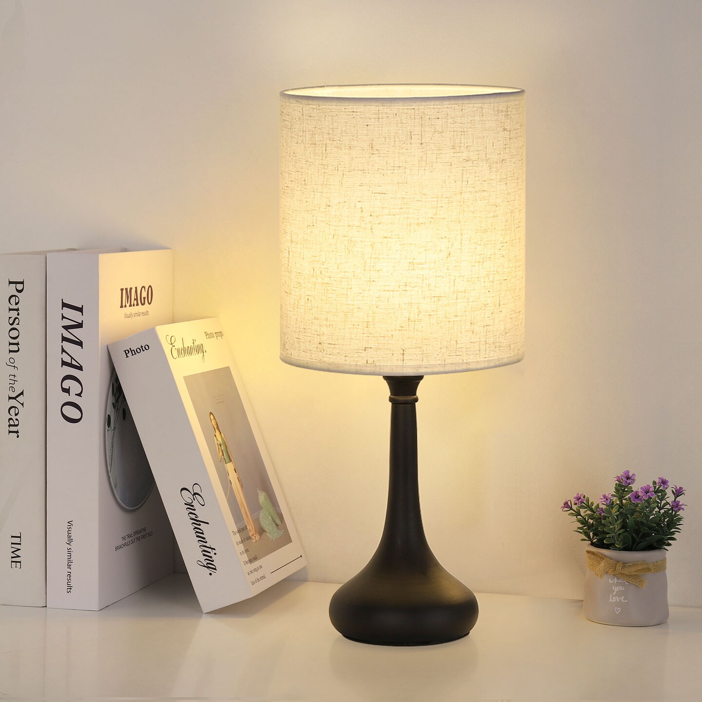 Set of 2 Modern Black Table Lamps &#x2013; Compact Nightstand Lamps with Fabric Shade for Bedroom, Office, and Living Room