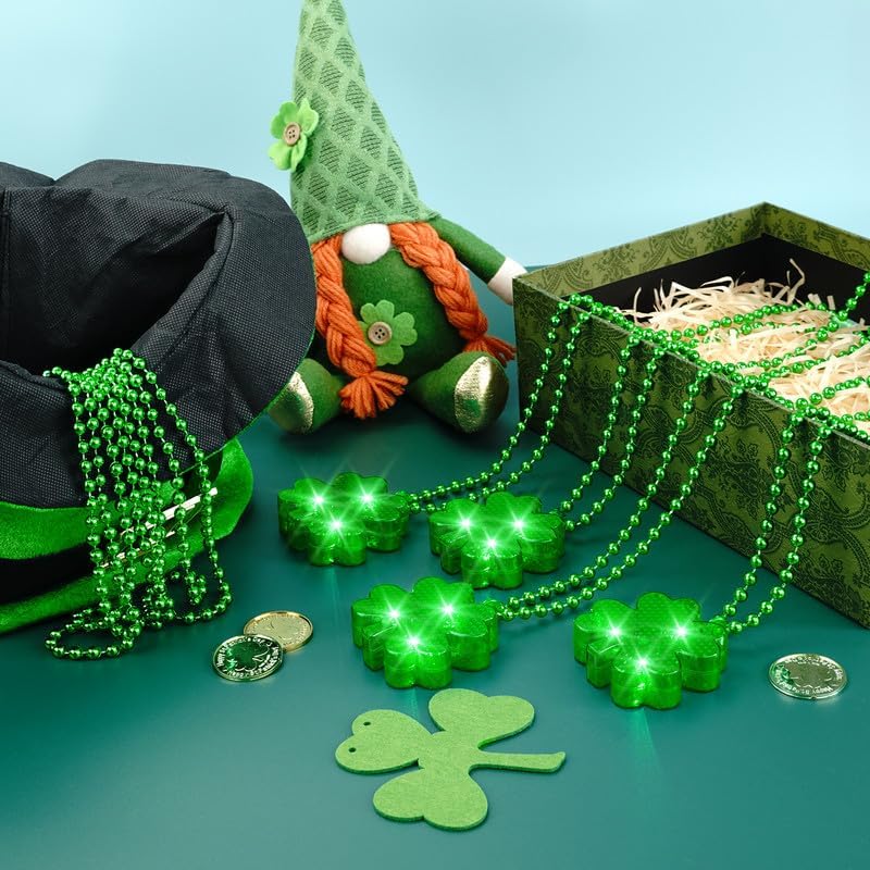 4Pcs Light up Shamrocks Beads Necklaces, St Patrick&#x27;s Day Necklace Accessories Led Shamrocks Necklaces Metallic Green Bead Clovers Necklaces for Irish St. Patricks Day Party Favor Supplies
